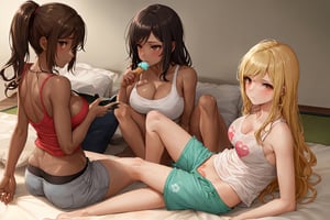 Three gyaru teenage sisters, each with their own distinct hair and skin color. The eldest, with dark brown eyes, brown skin, and tanned skin, wears messy, wavy hair with dark pink highlights and bangs that cover her eyes. She has long, curly hair that falls down her back and side hair that frames her face. Her pajama top is baggy and casual, revealing her large breasts and cleavage, with a tank top underneath. Her shorts are equally oversized and sloppy, exposing her collarbone. The middle sister has straight, shoulder-length hair with messy bangs and side swept bangs, giving her a bored and sweaty look. Her brown skin is slightly sweaty, and she wears a baggy tank top and matching shorts. The youngest sister has blonde hair, which is messy and disheveled. Her hair has natural waves and is parted in the middle, framing her face. She has large, doe-like dark brown eyes and tanned skin. Her pajama top is a babydoll style with a heart print, revealing her ample cleavage and her large breasts. Her shorts are also baggy and casual, showing off her toned legs and flat stomach. All three sisters are standing or sitting in a typical Tokyo apartment room, which has tatami mats, a futon, and various decorations like a fan, pillows, and a bed sheet. The room is messy, with clothes strewn about and a distinct smell of sweat in the air. The eldest sister, who is leaning against the wall, is wearing a baggy tank top and shorts that are slightly too big for her, exposing her bare midriff. The middle sister is sitting on the floor, her legs crossed and her back against the wall, reading a book with one hand while absentmindedly licking an ice cream cone with the other. The youngest sister is lying down on the futon, flipping through a magazine and occasionally letting out a breath fog. Their expressions range from smug to reluctant to gloomy, hinting at their unique expression of their own each current situation. One of them was horny and masturbating, scratching her vagina