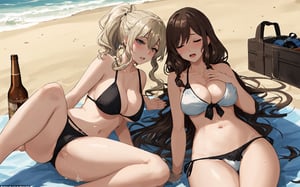 (Blonde hair, Brown hair, silver hair, black hair, short hair, long hair, straight hair, curly hair, wavy hair, bangs, side hair, braids, twintail, ponytail) Three drunk, unconscious gyaru teenagers lying on a beach, their bodies completely covered in sperm. They are all wearing sexy bikinis, which is wet, emphasizing their voluptuous figures and perky breasts, and hard nipples popping out beneath their bikini. Their faces are flushed, their eyes closed, and their lips slightly parted, revealing a hint of their pearly whites beneath. Their long, luscious blonde hair cascades around them in disheveled waves, flowing across the sand-covered surface. The sun is beginning to set in the background, casting a warm, golden glow over the scene. The sand beneath them is littered with empty beer bottles and discarded clothing, evidence of their wild, drunken antics. Despite their unconscious state, their bodies radiate an irresistible heat and a fuckable allure that is almost painful to behold.
