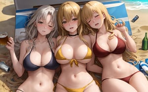 Three drunk, unconscious gyaru teenagers lying on a beach, their bodies completely covered in sperm. They are all wearing sexy bikinis, emphasizing their voluptuous figures and perky breasts. Their faces are flushed, their eyes closed, and their lips slightly parted, revealing a hint of their pearly whites beneath. Their long, luscious blonde hair cascades around them in disheveled waves, flowing across the sand-covered surface. The sun is beginning to set in the background, casting a warm, golden glow over the scene. The sand beneath them is littered with empty beer bottles and discarded clothing, evidence of their wild, drunken antics. Despite their unconscious state, their bodies radiate an irresistible heat and a fuckable allure that is almost painful to behold.