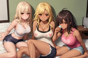 Three gyaru teenage sisters, each with their own distinct hair and skin color. The eldest, with dark brown eyes, brown skin, and tanned skin, wears messy, wavy hair with dark pink highlights and bangs that cover her eyes. She has long, curly hair that falls down her back and side hair that frames her face. Her pajama top is baggy and casual, revealing her large breasts and cleavage, with a tank top underneath. Her shorts are equally oversized and sloppy, exposing her collarbone. The middle sister has straight, shoulder-length hair with messy bangs and side swept bangs, giving her a bored and sweaty look. Her brown skin is slightly sweaty, and she wears a baggy tank top and matching shorts. Her nipples are visible through the fabric, and she has large breasts. The youngest sister has blonde hair, which is messy and disheveled. Her hair has natural waves and is parted in the middle, framing her face. She has large, doe-like dark brown eyes and tanned skin. Her pajama top is a babydoll style with a heart print, revealing her ample cleavage and her large breasts. Her shorts are also baggy and casual, showing off her toned legs and flat stomach. All three sisters are standing or sitting in a typical Tokyo apartment room, which has tatami mats, a futon, and various decorations like a fan, pillows, and a bed sheet. The room is messy, with clothes strewn about and a distinct smell of sweat in the air. The eldest sister, who is leaning against the wall, is wearing a baggy tank top and shorts that are slightly too big for her, exposing her bare midriff. The middle sister is sitting on the floor, her legs crossed and her back against the wall, reading a book with one hand while absentmindedly licking an ice cream cone with the other. The youngest sister is lying down on the futon, flipping through a magazine and occasionally letting out a breath fog. Their expressions range from smug to reluctant to gloomy, hinting at their boredom and dissatisfaction with their current situation.
