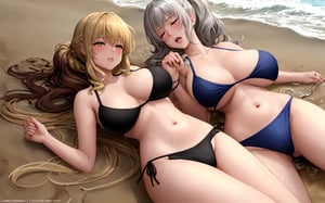 (Blonde hair, Brown hair, silver hair, black hair, short hair, long hair, straight hair, curly hair, wavy hair, bangs, side hair, braids, twintail, ponytail) Three drunk, unconscious gyaru teenagers lying on a beach, their bodies completely covered in sperm. They are all wearing sexy bikinis, emphasizing their voluptuous figures and perky breasts. Their faces are flushed, their eyes closed, and their lips slightly parted, revealing a hint of their pearly whites beneath. Their long, luscious blonde hair cascades around them in disheveled waves, flowing across the sand-covered surface. The sun is beginning to set in the background, casting a warm, golden glow over the scene. The sand beneath them is littered with empty beer bottles and discarded clothing, evidence of their wild, drunken antics. Despite their unconscious state, their bodies radiate an irresistible heat and a fuckable allure that is almost painful to behold.