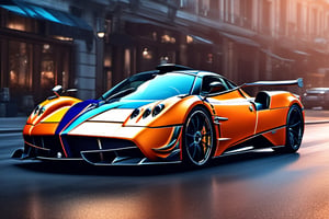 Pagani Huayra Tricolore, very bright colors with thick edges, road background, furious, fierce, magical and delicate line of scientific and technological sense, cinematic sense, neon border, HD, detailed light, cinematic, high detail, 4k, cyberpunk, 3D rendering , 32k, hyper detailed, magical and epic, epic light, the most perfect and beautiful image ever created, image taken with the Sony A7SIII camera, many details, 8k speed effect, Phi Phenomenon (Marcos Wertheimer)