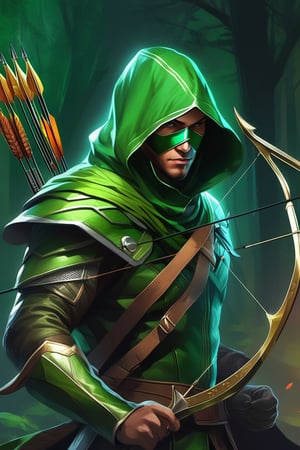 a man dressed in green holding a bow and arrow, as seen on artgerm, man wearing a closed cowl, iconic character splash art, inspired by István Réti, green hood, wallpaper mobile, full - body portrait of a ranger, unmasked, restored colors, with hand crossbow, wearing a general\'s uniform