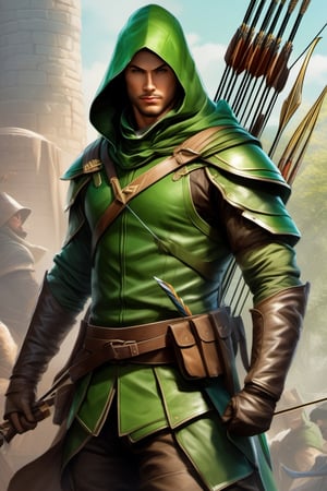 a man dressed in green holding a bow and arrow, as seen on artgerm, man wearing a closed cowl, iconic character splash art, inspired by István Réti, green hood, wallpaper mobile, full - body portrait of a ranger, unmasked, restored colors, with hand crossbow, wearing a general\'s uniform