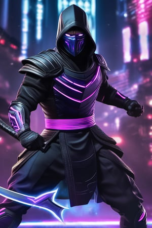 Medium shot of ((NOOB SAIBOT)) from Mortal Combat, black uniform and neon lilac tones, neon edges and dark background, furious, fierce, magical and delicate line, magic, cinematic sense, neon edges, HD, detailed light , cinematic, high detail, 4k , cyberpunk, 3D rendering, 32k, hyper detailed, magical and epic, epic light, the most perfect and beautiful image ever created, image taken with Sony A7SIII camera, many details, 8k speed effect, Phi Phenomenon (Marcos Wertheimer)