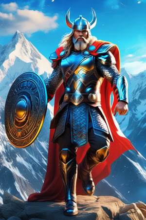 full body, full shot, ultra realistic, (Thor king of the Vikings), muscular, extremely highly detailed, expressive blue eyes, Big Neon Blue Hammer, beautiful prism light, neon light, medium shot, cybernetic, transparent ultra detailed made with glass, luxury armor, ultra clear and transparent made with glass, glowing eyes, neon edges, high mountain background, blue sky, ultra detailed environment
