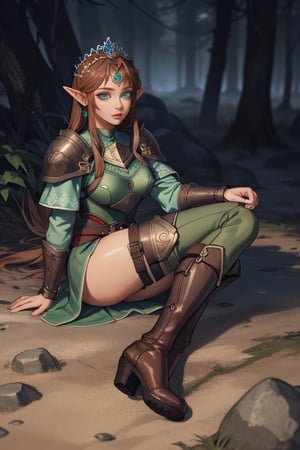 long_hair, 4k resolution, highly detailed face, highly detailed green eyes, show full body, brown_hair, elven female cleric, armoured_dress, armored_boots, earrings, tiara, jewelry, 1girl, sexy