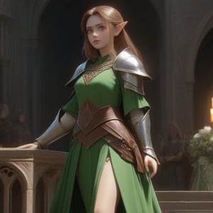 4k, masterpiece, super detailed face, super detailed green eyes,  full_body, feet, hands,  elven female cleric, 1girl, brown_hair, elinalise, armored_dress, armored_boots, standing, full,b3rli