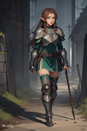 long_hair, 4k resolution, highly detailed face, highly detailed green eyes, show full body, brown_hair, elven female cleric, armoured_dress, armored_boots,