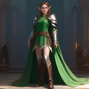 4k, masterpiece, super detailed face, super detailed green eyes,  full_body, feet, hands,  elven female cleric, 1girl, brown_hair, elinalise, armored_dress, armored_boots, standing, full