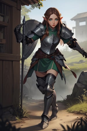 long_hair, 4k resolution, highly detailed face, highly detailed green eyes, show full body, brown_hair, elven female cleric, armoured_dress, armored_boots,