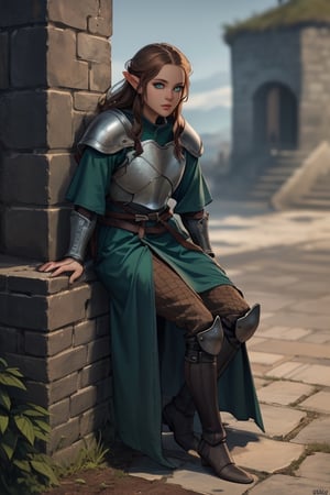 long_hair, 4k resolution, highly detailed face, highly detailed green eyes, show full body, brown_hair, elven female cleric, armoured_dress, armored_boots, ,Game of Thrones