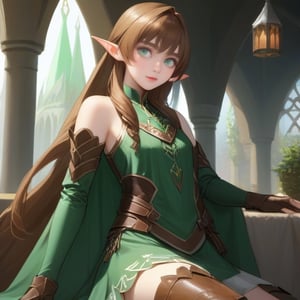 4k, masterpiece, super detailed face, super detailed green eyes,  full body show, feet, hands,  elven female cleric, 1girl, brown_hair, elinalise, armored_dress, armored_boots