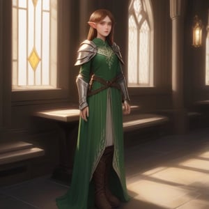 4k, masterpiece, super detailed face, super detailed green eyes,  full_body, feet, hands,  elven female cleric, 1girl, brown_hair, elinalise, armored_dress, armored_boots, standing, full,b3rli