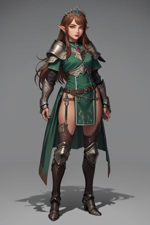 long_hair, 4k resolution, highly detailed face, highly detailed green eyes, show full body, brown_hair, elven female cleric, armoured_dress, armored_boots, earrings, tiara, jewelry, 1girl, sexy. standing 
