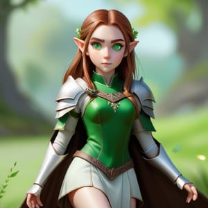 4k, masterpiece, super detailed face, super detailed green eyes,  full_body, feet, hands,  elven female cleric, 1girl, brown_hair,  armored_dress, armored_boots, standing, full_body, 
