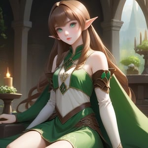 4k, masterpiece, super detailed face, super detailed green eyes,  full body show, feet, hands,  elven female cleric, 1girl, brown_hair, elinalise