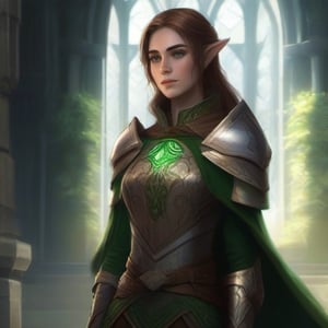 4k, masterpiece, super detailed face, super detailed green eyes,  full_body, feet, hands,  elven female cleric, 1girl, brown_hair,  armored_dress, armored_boots, standing, full_body, 