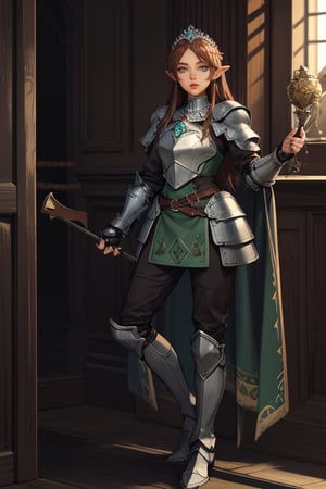 long_hair, 4k resolution, highly detailed face, highly detailed green eyes, show full body, brown_hair, elven female cleric, armoured_dress, armored_boots, earrings, tiara, jewelry, 1girl
