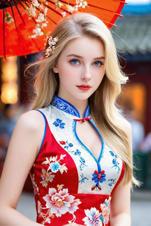 An 18-year old beautiful European girl, (perfect symmetrical blue eyes, eyes yearning to connect), long blonde hair, (fair skin:1.2), (beautiful face and eyes), wearing a (white with red floral patterns Chinese cheongsam), (slender body, large breasts, cleavage), (24” waist, flat stomach, narrow hips, real_hands, perfect legs), (bustling vibrant city background, bokeh), (natural skin texture, detailed skin texture, skin fuzz), facing the viewer, full body, photography, 12K, UHD, natural lighting, sharp focus, high contrast, hyper-detailed