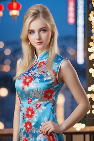 An 18-year old beautiful European girl, (perfect symmetrical blue eyes, eyes yearning to connect), long blonde hair, (fair skin:1.2), (beautiful face and eyes), wearing a (white with red floral patterns Chinese sleeveless cheongsam), (slender body, large breasts), (24” waist, flat stomach, narrow hips, real_hands, perfect legs), (bustling vibrant city background, bokeh), (natural skin texture, detailed skin texture, skin fuzz), facing the viewer, full body, photography, 12K, UHD, natural lighting, sharp focus, high contrast, hyper-detailed