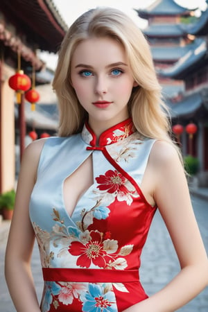 An 18-year old beautiful European girl, (perfect symmetrical blue eyes, eyes yearning to connect), long blonde hair, (fair skin:1.2), (beautiful face and eyes), wearing a (white with red floral patterns Chinese sleeveless cheongsam), (slender body, large breasts), (24” waist, flat stomach, narrow hips, real_hands, perfect legs), (bustling vibrant city background, bokeh), (natural skin texture, detailed skin texture, skin fuzz), facing the viewer, full body, photography, 12K, UHD, natural lighting, sharp focus, high contrast, hyper-detailed