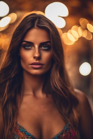 best quality, masterpiece, beautiful and aesthetic, 16K, (HDR:1.4), bokeh:1.2, lens flare, (vibrant color:1.4), (muted colors, dim colors, soothing tones:0), sidelighting, cinematic shot, Warm tone, half body view, long Straight brunette hair, lingerie, a beautiful Italian girl , oversized clevage, , Hourglass body, thin waist,  