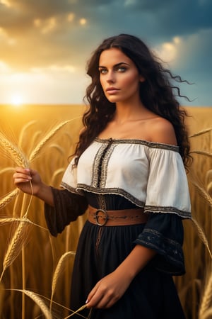 ((absurdres)), ((best quality)), ((a masterpiece)), ((award winning photo)), ((photorealistic)), ((realistic)), ((serene)) ((old style))((ultradetailed)), cinematic, model shoot posing, cowboy shot, from below, 1 girl, (glistening black hair:1.2), (country girl), wavy hair, erotic, (cleavage:1.1), hyperdetailed face, hyperdetailed eyes, beautiful perfect eyes, hyperdetailed clothes, (see-through clothes), (loose medieval clothes:1.3), deep skin, (in the wheat field:1.2), volumetric lighting, (glowing:1.2), (warm light:1.2), see-through,renaissance