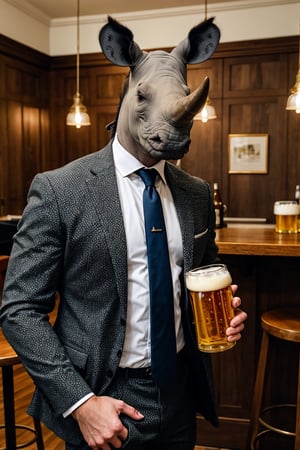 photo of a rhino dressed as a man in a suit and tie having a beer