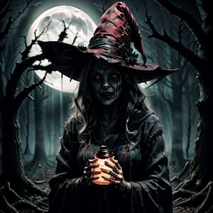 Capture the essence of a malevolent witch casting a wicked spell, (dark:1.2) forest background, (ominous:1.3) moonlit night, swirling mist, (sinister:1.4) shadows, glowing (crimson:1.2) eyes, (tangled:1.1) hair, (tattered:1.1) robes, ancient spellbook, (crackling:1.3) energy, by the talented photographer (name:1.2) using a (camera model:1.1) lens, creating a haunting and captivating image,potma style,3va,ri.ggwp_1,monochrome,horror