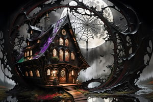 Ultra-wide-angle, photorealistic medieval gothic steam punk shot of an exciting fusion between Spawn and ((A spiderweb and a creepy Wood cabin in the woods)) in a new character that embodies elements of both, (((spiderwebs))), silver mechanical gears in the background, people, see. Black and multi colored, ink Flow - 8k Resolution Photorealistic Masterpiece - by Aaron Horkey and Jeremy Mann - Intricately Detailed. fluid gouache painting: by Jean Baptiste Mongue: calligraphy: acrylic: colorful watercolor, cinematic lighting, maximalist photoillustration: by marton bobzert: 8k resolution concept art, intricately detailed realism, complex, elegant, expansive, fantastical and psychedelic, dripping paint, night, the moon, buildings, reflections, wings, and other elements need to stay in frame,(isolate object)