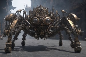 //Style 
steampunk, cyberpunk, maximalism, cybernetics, organic meets artificial,

//Quality 
highly detailed, hyper detailed, intricate, (HDR:1.3), ultra hires, masterpiece, 8k wallpaper,


//Character 
1 steampunk mechanical Spider-type hexapod combat mecha, yellow, (symmetry:1.3), lying drop-shaped body, super deformed mecha, huge rivets like buttons are attached to each hands and legs joint parts, 2 big eyes like fluorescent pink lenses, huge armored legs, (symmetry:1.3), huge two cannons,

//Lighting 
cinematic lighting, dark,

//Background 
dystopian, fire,smoke, steam, steampunk city, 