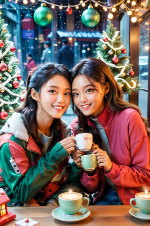 Generate AI art depicting a young couple in their early twenties enjoying a delightful Christmas moment at a cozy cafe. The girl is seolhyun. The boy is Cho InSung. 23yo. Picture the couple sitting across from each other, sipping coffee and savoring delicious desserts. The cafe is festively decorated with Christmas lights and ornaments, creating a warm and inviting atmosphere. Capture the joy on their faces as they engage in lively conversation, exchanging smiles and laughter. Use soft, warm colors to enhance the cozy ambiance and convey the warmth of the holiday season in this charming cafe setting,detailmaster2,cyberpunk style,seolhyun