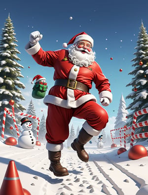 1 Santa Claus training in obstacle course, Captain snowmen cheering, dynamic angle, SFW, solo,sci-fi,realistic, motion_lines