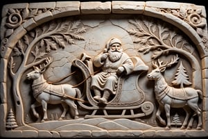 ancient stone relief, illuminated tale of the Santa clause, riding his sledge 