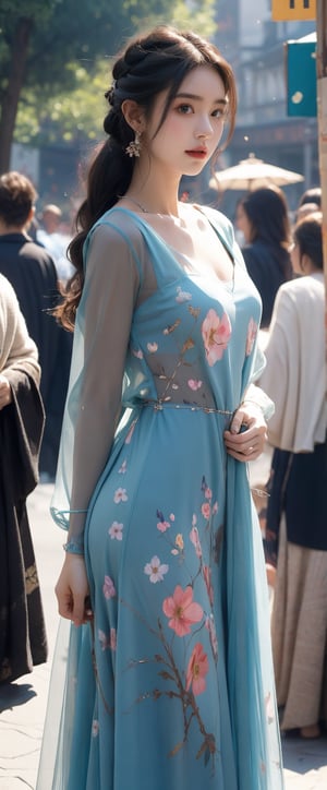1 girl wearing a blue sheer dress full of colorful flowers
