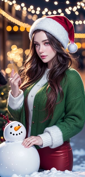 Wide-angle viewed from below, golden hour, golden ratio, chrismascore, hyper-realistic, cinematic results, Photorealism, create an pinterest-like illustration of a beautiful woman holding glowing Christmas lights near a snowman, her hair is flowying with the wind, 
she is wearing a winter clothing that enhances the beauty of her athletic body,  bokeh Christmas tree in background, winter wonderland vibes, work of beauty and inspiration, 8kUHD ,EpicArt