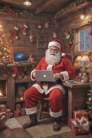 ((top quality)),  ((masterpiece)),  ((perfect face)),  ((full body)), Santa Claus working with a laptop, Christmas decoration in his cabin, add_detail:1,  perspective,  standing, 