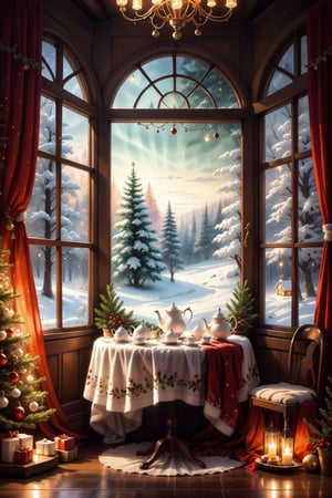 Christmas tea, window overlooking a magical forest, curtains on the window, magic, Christmas background, Mysterious, Mysterious