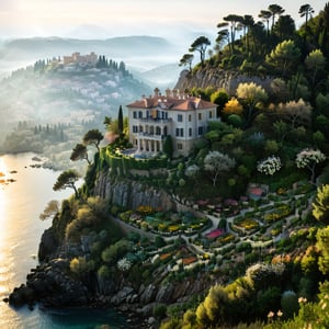Long shot photo of a beautiful mansion on the hill, on mediterranian island. Morning golden rays among trees, spring flowers blooming, forest background, uhd,more detail XL,very detail,focus,serene, misty, very Realistic,beautiful eyes,shot from hasselblad camera