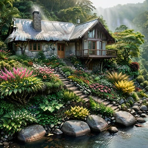 Long shot photo of a wood house and a beautiful garden of flowers. berry shrubs, a flowing water among rocks, morning golden rays among trees of subtropical forest in background, uhd,more detail XL,very detail,focus,serene, misty, very Realistic,beautiful eyes,shot from hasselblad camera