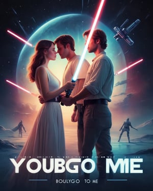 Movie Poster "You belong to me", lightsaber, honeymoon style,  8k,  cinematic,  bright light. text logo "You belong to me"