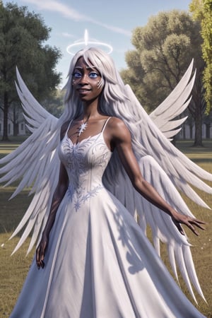 emily, human, realistic, masterpiece, best quality, high detailed, 1girl, solo, long hair, looking at viewer, smile, blue eyes, park, standing, very long hair, closed mouth, blue eyes, white hair, multicolored hair, wings, dark skin, wedding dress, dark-skinned, grey skin, perfect grey skin, female, colored skin, halo, feathered wings, angel wings, white wings, angel, stressed, stressed face, 