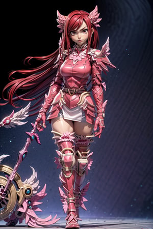 Masterpiece, Best quality, High resolutions, girl, long scarlet red hair, curved body, (big chest) chest 88 cm, waist 59 cm, hip 88 cm, beautiful female model body, white skin, very sexy, female pink armor , black space background, erza scarlet, scarlet red hair, erza scarlet, realistic, beautiful face, erza scarlet, brown eyes, erzascarlet,,erza scarlet fairytail