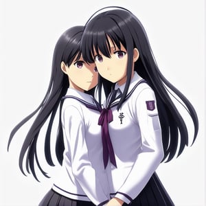 (masterpiece, best quality:1.2), 2girl, solo, homura, white background, simple background, school uniform, extremely detailed
