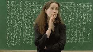 Le penseur de Rodin but a woman, in front of diffcult math problem on a blackboard