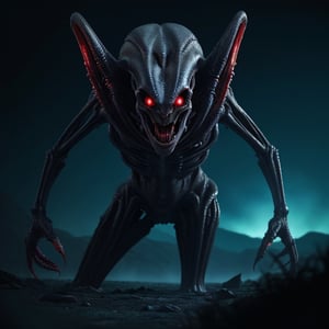 create a scary alien predator creature from the most deadliest and ferocious predators in the world, bioluminescent, starring at you intently, erie alien landscape background, ultra detail, 4k