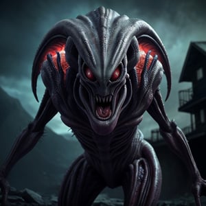 create a scary alien predator creature from the most deadliest and ferocious predators in the world, starring at you intently, erie alien landscape background, ultra detail, 4k