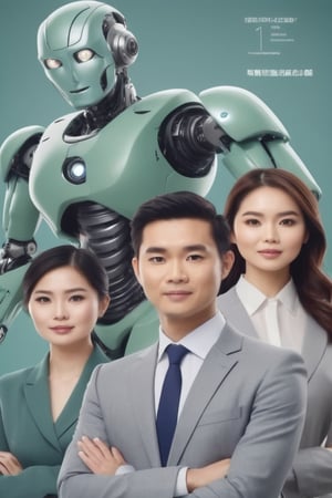 Create an poster for social media advertisements of a marketing agency. In which, 3 Vietnamese marketers and 2 beautiful modern A.I robot in blue-green while the staffs wear grey suits. Detail face, 8k, full HD