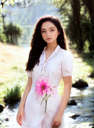 (best quality,8k,highres,masterpiece:1.2), collared shirt,,expressionless,long wavy curly -black_hair,photorealistic,ultra-detailed,White skin,Vibrant natural 16 year old girl photography, dramatic lighting,finely detailed beautiful eyes,fine detailed skin,Natural scenery,majestic landscape,colorful flowers,distant mountains,flowing rivers,melting sunset,serene atmosphere,dazzling sunlight,blissful vibes,freckled face,luscious greenery,soft breeze,ethereal beauty,Wonder of Beauty,Vibrant colors palettes,Perfect skin,Slender body